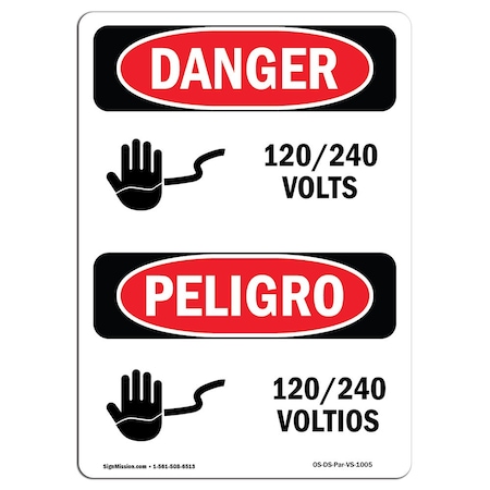 Signmission Safety Sign, OSHA Danger, 5" Height, 120 240 Volts Bilingual Spanish, 10PK OS-DS-D-35-VS-1005-10PK